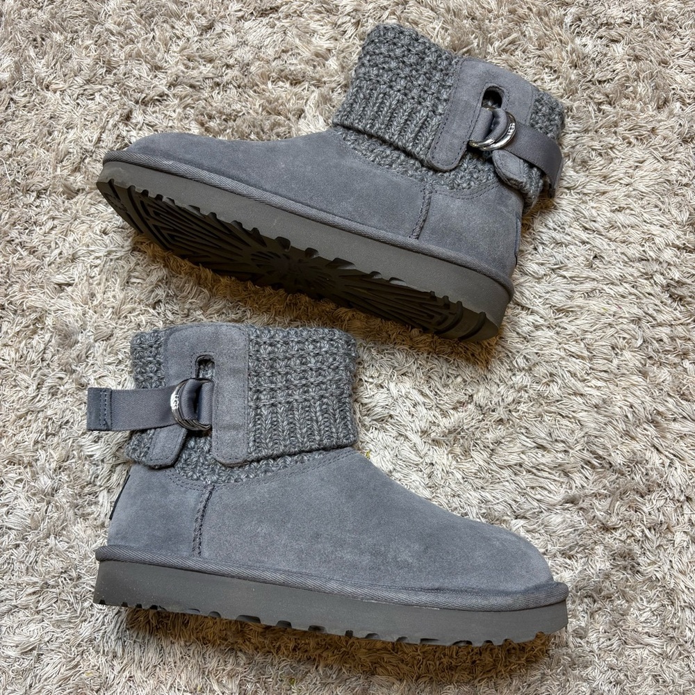 UGG Gray Knit-Cuff Suede Ankle Boots